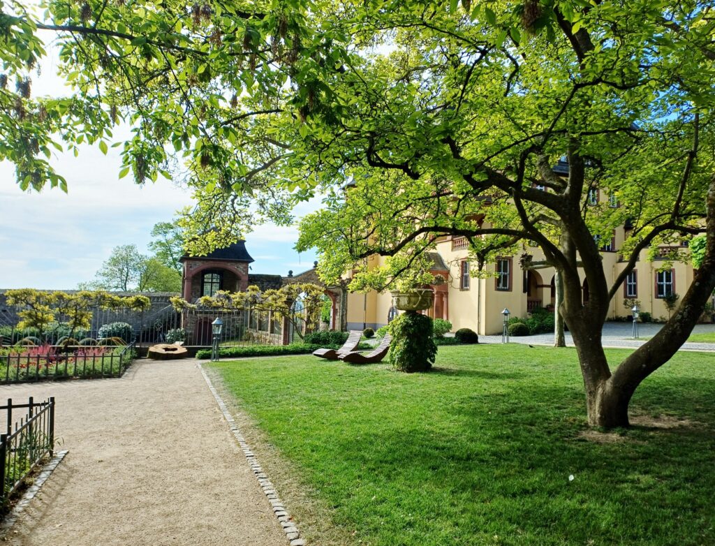 Klosterpark Eberbach mit Liegestühlen – Entspannung im Rheingau