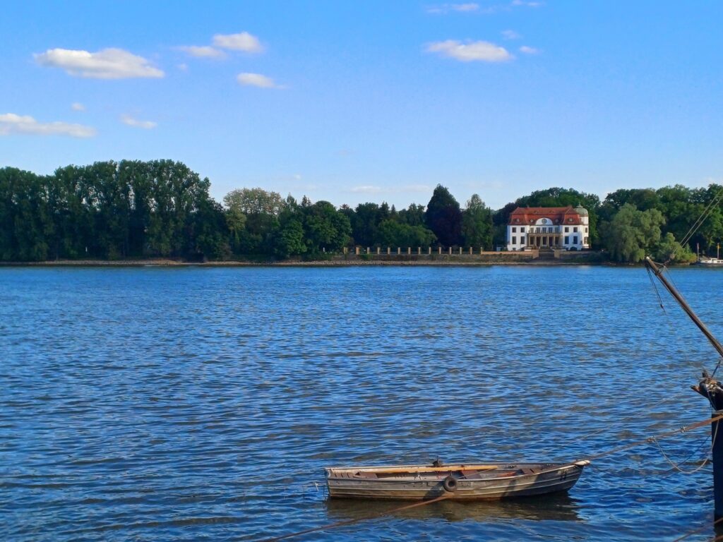 Schloss am Rheinufer mit Ruderboot – Rheingau-Landschaft