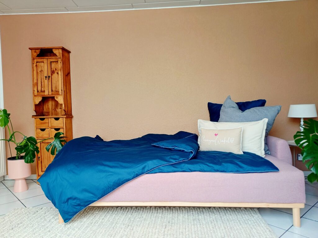 Wohnzimmer mit Schlafcouch und RheingauWinkel47-Kissen – Ferienwohnung Oestrich-Winkel